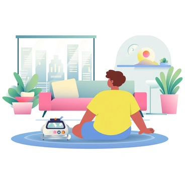 A child with short brown hair is sitting on a plush, circular rug in a futuristic living room. The child is wearing a bright yellow t-shirt and blue shorts. In front of them is a retro-styled robot pet with a shiny silver body and colorful buttons, emitting soft lights. The living room features sleek furniture with minimalist design, including a glass coffee table and a large window displaying a cityscape with tall buildings. A few potted plants are placed around the room, adding a touch of greenery. The walls are painted in soft pastel colors, creating a warm atmosphere.