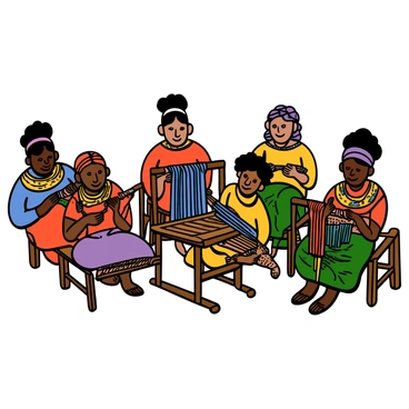 A group of women from various castes working together, sitting at traditional looms. Each woman has distinct features reflecting her cultural background. They are focused on weaving colorful textiles, with vibrant threads in shades of red, blue, yellow, and green. The looms are made of wood, sturdy and intricately designed. The women are wearing traditional attire, with bright patterns and accessories. The atmosphere is lively, showcasing a sense of collaboration and creativity.