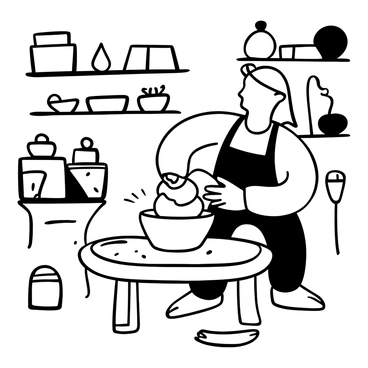 A hand shaping a piece of pottery on a potter's wheel. The wheel is spinning, and clay is being molded into a bowl shape. Splashes of wet clay are visible on the wheel and on the surrounding surface. Tools for carving and smoothing clay are placed nearby. The workspace is filled with shelves of completed pottery pieces in various shapes and sizes. A soft texture shows the raw, unglazed clay.