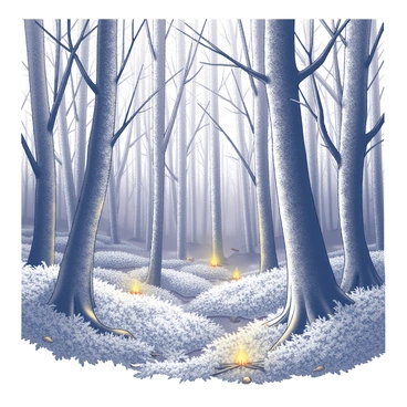 A dense forest scene featuring numerous trees with intricate branches and detailed textures of bark. The trees are covered in a layer of frost, giving them a crystalline appearance. Among the frost-covered foliage, small, glowing fiery embers are subtly embedded within the underbrush, providing a stark contrast to the white frost. The ground is littered with frosted leaves and twigs, enhancing the winter atmosphere. The overall composition captures the serene yet mysterious essence of the forest.