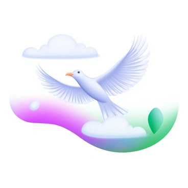 A graceful bird in flight, with its wings spread wide and feathers detailed in fine lines. The bird's body is sleek, showcasing a smooth silhouette as it soars through the air. Surrounding the bird are gently flowing clouds, adding a sense of movement and freedom. The sky is depicted in soft pastel shades, enhancing the delicate beauty of the scene.