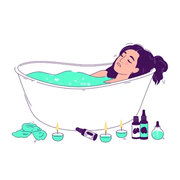 A person is relaxing in a white bathtub filled with bubbles. Surrounding the bathtub are several small teal candles that are lit, casting a warm glow. A few bottles of essential oils, with colorful labels, are placed on the edge of the bathtub. The person has a serene expression, with their eyes closed, and they are resting their head back against the tub. The setting conveys a peaceful atmosphere, emphasizing the importance of self-care.