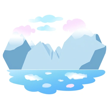 A large glacier is breaking apart and calving into the sea, sending a cascade of ice into the water. The sea is dotted with various icebergs of different shapes and sizes, floating gently. The surrounding landscape features jagged mountain peaks covered in snow and ice, contrasting with the blue waters. The sky above is filled with soft pastel colors, creating a serene atmosphere.