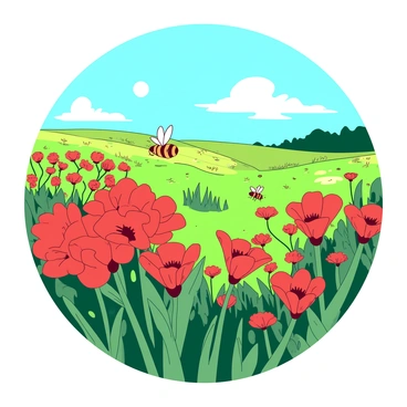A vibrant field filled with numerous coquelicot flowers in full bloom, displaying their bright red petals against a clear blue sky. In the foreground, several clusters of coquelicot flowers are swaying gently in the breeze. A few bees are buzzing around, interacting with the flowers. In the background, a lush green meadow stretches out, dotted with patches of grass. The sun is shining brightly, illuminating the vivid colors of the flowers and creating a cheerful atmosphere in the springtime scene.