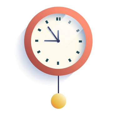 A classic wall clock with a wooden frame is mounted on a light-colored wall. The clock features a white face with black Roman numerals. The hour and minute hands are made of sleek metal, moving steadily as they tick around the clock face. A small golden pendulum hangs below the clock, swinging gently. Soft shadows are cast from the clock onto the wall, highlighting its circular shape and details.
