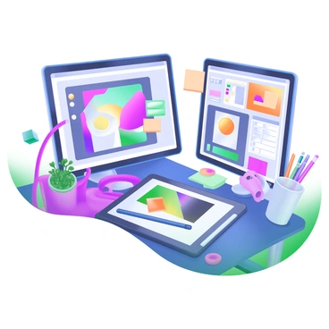 A complex desk setup with multiple screens and illustration software open