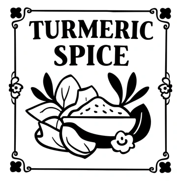 A vintage poster featuring the words "Turmeric Spice" prominently at the top. Below, there is an illustration of turmeric roots and powdered turmeric in a bowl. Decorative elements surround the turmeric, including stylized leaves and flowers that represent its natural origins. The overall composition gives a sense of nostalgia, with classic typography and a bordered design framing the entire poster.