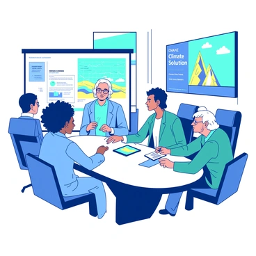 A group of international scientists is engaged in a discussion at a high-tech conference center. The scientists, representing diverse backgrounds, are gathered around a sleek, oval table equipped with advanced digital screens showing climate data and graphs. One scientist, a woman with curly hair wearing glasses, is pointing at a screen displaying a vibrant chart. Next to her, a man with short hair in a blue suit is taking notes on a tablet. Another scientist, an older man with gray hair in a teal jacket, is leaning forward, contributing to the conversation with enthusiasm. Various climate solution posters are visible on the walls around them, showcasing innovative ideas and research findings. The atmosphere is focused and collaborative, with bright lights highlighting the high-tech environment.