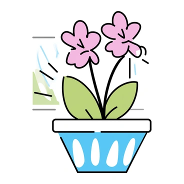 A delicate pink orchid plant with multiple bloom clusters, displaying soft petals, is positioned in a decorative ceramic pot. The pot features intricate patterns in white and blue hues. The plant is placed on a bright windowsill with streams of natural light illuminating the flowers, casting gentle shadows on the surface below. The background shows a hint of greenery outside the window, adding to the fresh indoor ambiance.