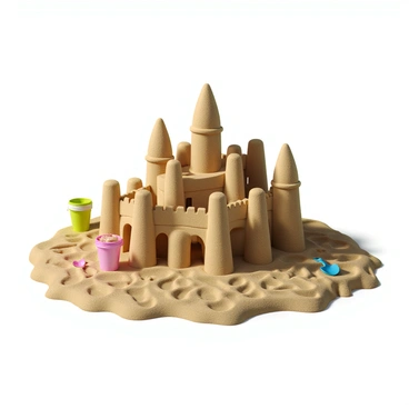 A large sandcastle on the beach with intricate layers of sand, showcasing details of towers and walls that have been carefully sculpted. The structure features a variety of shapes, including rounded turrets and pointed peaks. Surrounding the sandcastle, footprints mark the wet sand, indicating where children played while building. The sunlight casts shadows on the textured surface of the castle, highlighting the grains of sand that glisten in the light. Nearby, a few colorful plastic buckets and shovels are left scattered, adding to the scene of playful activity.