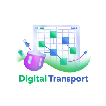 A logo featuring "digital transport" created with pixelated elements. The design includes a network grid composed of small squares in varying shades of blue and green. There are lines connecting the squares, illustrating the pathways of a network. The overall composition creates a sense of connectivity and modernity. The words "Digital Transport" appear in bold, clear typography at the bottom of the logo.