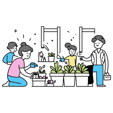 A small garden onboard Noah's Ark filled with several pots containing various plants. Each pot has different types of greenery, including ferns and small flowering plants. A woman with brown hair in a bun is kneeling beside a pot, gently watering the plants with a small blue watering can. A man with a beard is standing nearby, holding a small shovel and looking at the woman. Two children, one boy and one girl, are arranging smaller pots on a wooden table. The scenery includes wooden beams of the Ark in the background, creating a warm and natural atmosphere.