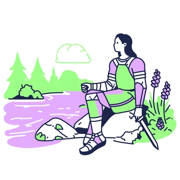 Jeanne d'Arc is sitting on a rock by a flowing river. She is wearing a suit of armor with intricate details, and her long hair falls gently over her shoulders. In her hands, she holds a sword, resting it on her knee. The river flows calmly beside her, with gentle ripples reflecting the surrounding trees. On the opposite bank, there are wildflowers in shades of purple and green. The scene captures her contemplative expression as she gazes into the distance, lost in thought, with the sun casting soft shadows around her.