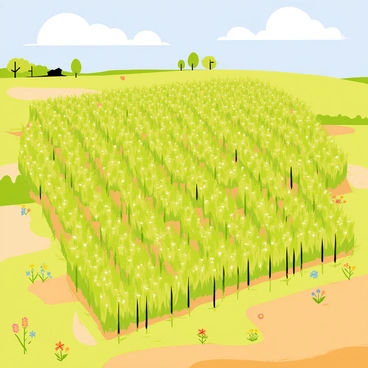 An aerial view of a complex corn maze featuring intricate pathways and sharp turns created by tall green corn stalks. The maze is set in a vast rural field with patches of golden brown soil visible between the rows of corn. Surrounding the maze, there are patches of wildflowers with vibrant colors and a few scattered trees, adding depth to the landscape. The sky above is clear with fluffy white clouds drifting lazily.