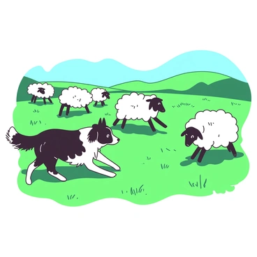 A black and white border collie is skillfully herding a group of fluffy white sheep across a vibrant green field. The dog is in a crouched position, eyes focused intently on the sheep as it moves swiftly, directing the flock with precision. The sheep appear slightly scattered, but are moving in the direction the border collie is guiding them. In the background, there are gentle rolling hills and a clear blue sky, creating a spacious atmosphere for the scene.