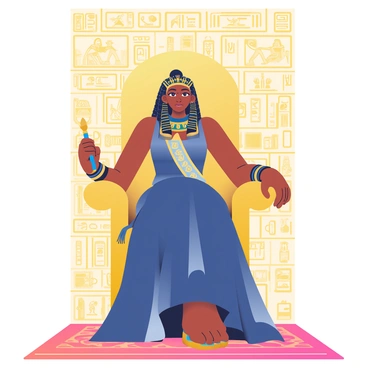 Cleopatra, a woman with deep brown skin and black hair styled in intricate braids, is sitting gracefully on a large, ornately designed golden throne. She is wearing a lavish gown adorned with jewels, featuring deep blue and gold hues. Her makeup is striking, with dark eyeliner and a touch of gold shimmer on her eyelids. Surrounding her are detailed Egyptian hieroglyphs etched on the walls, depicting ancient symbols and figures. The floor beneath the throne has a rich, patterned carpet that adds to the opulence of the scene. In her hand, Cleopatra holds a scepter, symbolizing her royal authority.