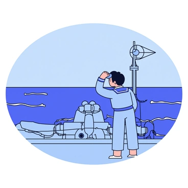 A soldier wearing a navy uniform stands aboard a naval battleship. He has short, dark hair and is focused intently as he looks through a pair of binoculars. The battleship is depicted with a strong hull and large guns mounted on the deck. The soldier is surrounded by various naval equipment, including ropes and a radar system. The sea stretches out endlessly in the background, with gentle waves and a clear sky above.