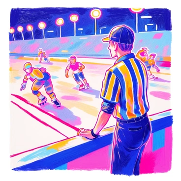 A referee is positioned at the edge of a roller derby track, closely watching the fast-paced action of the match. The referee is wearing a black and white striped uniform, complete with a cap, and has a whistle in hand. The background features skaters in colorful uniforms, racing past each other while competing for position. The referee's facial expression is focused and attentive, ready to make calls on any fouls. Bright lights illuminate the scene, highlighting the dynamic movement of the skaters.