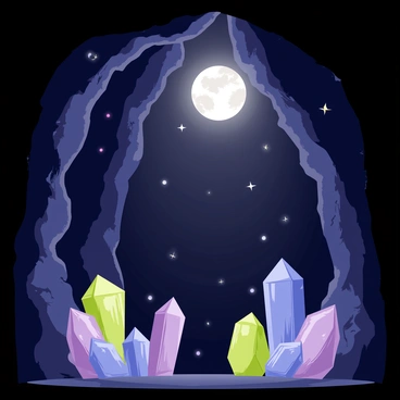 A dark mystical cave with a rugged rock formation. The cave is filled with various glowing crystals in shades of blue, purple, and green. These crystals emit a soft light that illuminates the cave's interior. The ceiling of the cave is adorned with sparkling mineral deposits. The light from the full moon shines down through an opening at the top, creating a serene atmosphere and casting shimmering reflections on the cave walls.