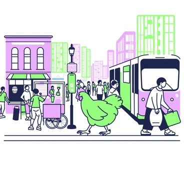 A chicken wandering through a bustling city street scene