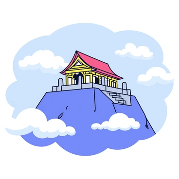 A temple with a traditional architectural style, featuring a curved roof and intricate wooden details. The temple is perched on a rocky mountain peak, showcasing stone pillars and steps leading up to the entrance. Surrounding the temple are swirling clouds that envelop the peak, creating a misty atmosphere. The sky above is a soft blue, with hints of sunlight breaking through the clouds, casting gentle shadows on the temple's surface.