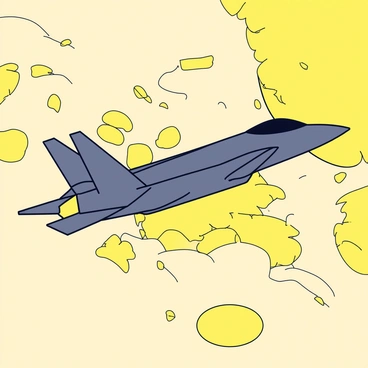 An F35 jet with a sleek, angular design is depicted soaring through a thick, swirling desert sandstorm. The jet has a dark gray color with sharp lines and aerodynamic features. The scene captures the chaotic movement of golden sand particles being tossed around in the air, partially obscuring the aircraft. In the background, faint outlines of rocky desert formations are barely visible through the dense clouds of sand.
