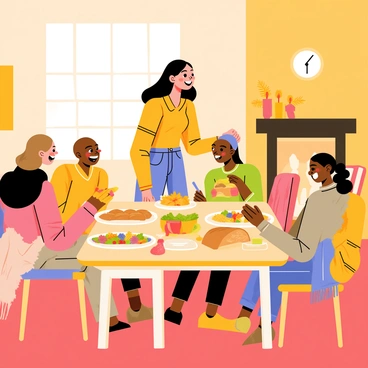 A woman with long brown hair is standing in a warmly lit living room, smiling as she hosts a cozy gathering of friends. She is arranging a large wooden table filled with various dishes, including a colorful salad, steaming bowls of soup, and a platter of freshly baked bread. In the background, friends are seated around the table, laughing and chatting, with warm clothing reflecting the season. A window shows a glimpse of autumn leaves outside, while a fireplace crackles softly, adding to the inviting atmosphere. Cozy blankets are draped over chairs, and candles flicker on the table, creating a festive, welcoming environment.