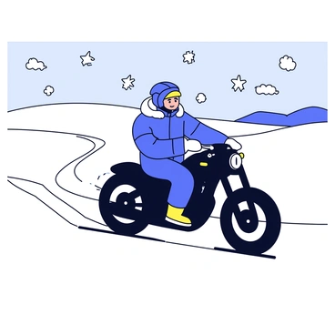 A BMW motorcycle with a sleek black design is in motion. The motorcycle features a distinctive headlight and a shiny fuel tank. A rider is bundled up in a thick, insulated jacket with a fur-lined hood and wearing a sturdy helmet. The landscape around them is a winter scene, featuring rolling hills covered in a thick blanket of white snow. Fluffy snowflakes are gently falling from the grey sky. The motorcycle leaves tracks in the fresh snow as it travels forward.