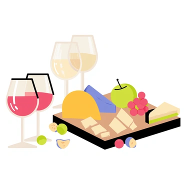 An elegant arrangement of various wine glasses positioned on a polished wooden table. The wine glasses are filled with red and white wine, reflecting light with a glossy finish. Next to the wine glasses, there is a cheese board made of dark wood. The cheese board features an assortment of cheeses including a round of creamy brie, a wedge of sharp cheddar, and blue cheese cut into small squares. Surrounding the cheeses, there are colorful fruits such as red grapes, slices of green apple, and a few fresh figs scattered artfully. The scene is well-lit, highlighting the textures and colors of the cheeses and fruits.