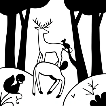 A serene scene of forest animals like deer and squirrels in their natural habitat