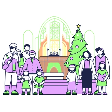 A congregation of diverse individuals is gathered inside a church during a morning service on Christmas Day. The attendees include men, women, and children of various ages, with some holding hymn books. In the foreground, a family of four stands together, the children dressed in festive attire. The adults are wearing formal and colorful clothing. In the background, a large decorated Christmas tree is illuminated, adorned with ornaments and a star on top. The wooden pews are filled with people while a glowing altar is visible at the front, adorned with candles and a nativity scene. Soft light streams in through stained glass windows, casting colorful patterns on the floor.