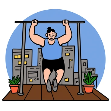 A fitness enthusiast with light skin and short black hair is performing pull-ups on a rooftop bar. He is wearing a blue tank top and black shorts. The cityscape in the background features tall skyscrapers under a clear blue sky. The rooftop has a wooden floor and a few potted plants around. The enthusiast looks determined and focused while exercising, with sweat glistening on his forehead, highlighting the effort he is putting into his workout.
