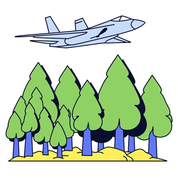 An F35 jet flying overhead, with its sleek design and angular wings clearly visible. Below the jet, a dense forest filled with a variety of tall green trees, their leaves creating a thick canopy. The shadow of the jet stretches across the treetops, contrasting with the vibrant colors of the forest below. Sunlight filters through the leaves, illuminating patches of the ground beneath the trees.