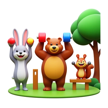 A group of cute anthropomorphized animals, including a cheerful rabbit, a strong bear, and a playful squirrel, are engaged in a shoulder press exercise using colorful dumbbells. The rabbit stands on its hind legs, lifting a bright red dumbbell over its head. The bear, with a focused expression, is mid-press with a larger blue dumbbell. The squirrel, perched on a wooden bench, has a small yellow dumbbell above its head, smiling widely. They are surrounded by a playful forest gym setting, featuring trees with vibrant green leaves, nearby wooden workout equipment, and a soft, grassy floor beneath them. The atmosphere is lively and filled with energy.