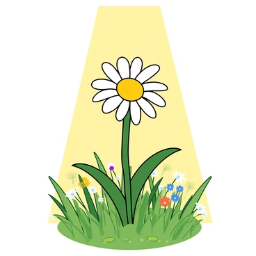 A single white daisy with a bright yellow center stands tall in the foreground. The petals are open wide, showcasing their delicate texture. Above it, a golden ray of sunlight streams down, creating a warm highlight across the daisy. Surrounding the flower, there are various green leaves and soft grass, all glistening slightly as if touched by morning dew. The background features hints of colorful flowers and leafy plants, adding depth to the lush garden setting.