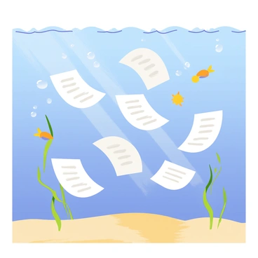 An underwater scene featuring a clear blue ocean with bubbles rising to the surface. Various invoices, resembling sheets of white paper, are floating gracefully in the water, swaying gently like seaweed in the current. Sunlight filters through the water, casting dappled patterns on the sandy ocean floor below. Small fish are swimming around the invoices, adding life to the serene underwater environment.