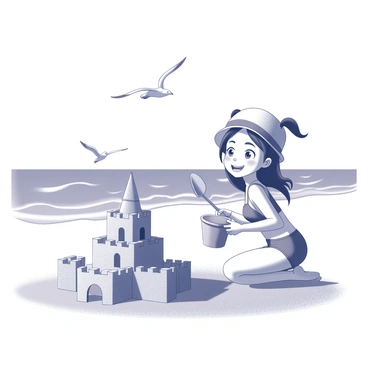 A cartoon character of a girl with a joyful expression is kneeling on a sandy beach. She has long hair tied in two playful pigtails. The girl is wearing a colorful swimsuit and a sun hat. In front of her, an intricately built sandcastle stands tall, complete with towers and a moat. She is holding a small plastic shovel in one hand and a bucket in the other. The ocean waves are gently rolling in the background, with a few seagulls flying overhead.