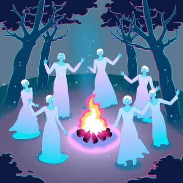 A group of ethereal spirits with translucent bodies and glowing eyes, dancing in a circular formation around a bright bonfire. The bonfire emits warm, flickering flames that cast dancing shadows on the surrounding trees. The spirits have flowing garments that seem to blend with the mist rising from the ground. The glade is filled with ancient, towering trees whose leaves shimmer with an otherworldly light, and the ground is covered in soft, luminescent moss. A faint, magical glow envelops the entire scene, enhancing the enchanting atmosphere.