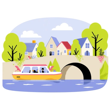 A canal barge with a brightly painted hull glides through the water beneath a picturesque stone bridge. The bridge features arched stonework with ivy climbing along its edges. Surrounding the scene are charming cottages with thatched roofs and flower-filled gardens. Lush green trees line the canal, and fluffy white clouds float in a blue sky above the village, enhancing the tranquil atmosphere of the setting.