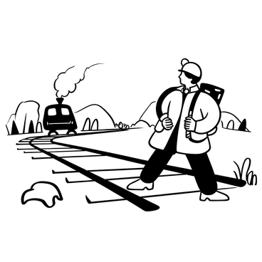 A vagabond wearing a tattered coat and carrying a worn-out backpack is walking along railway tracks. The tracks stretch into the distance, disappearing into the horizon. In the background, a train is visible, approaching with steam billowing from its engine. The landscape features sparse vegetation and scattered rocks bordering the tracks. A sense of solitude surrounds the vagabond as he continues his journey.