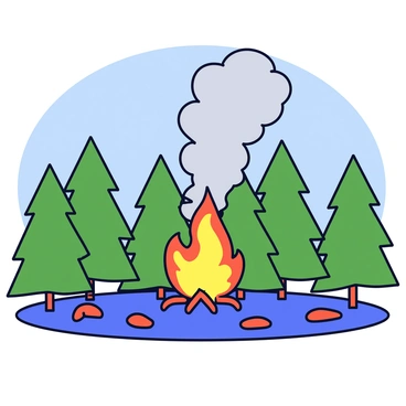 A landscape featuring a dense forest with tall, green trees. In the center of the scene, bright flames are rising from the ground, consuming the trees. Thick, billowing smoke is swirling into the sky, creating a contrast against the blue backdrop. The flames are a vivid orange and yellow, while the smoke appears gray and white, adding to the intensity of the scene. The forest floor is scattered with charred branches and debris.