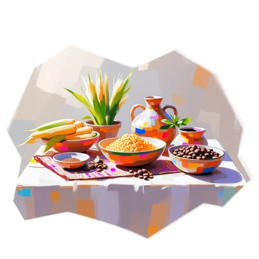A table is set with a variety of traditional Aztec foods, prominently featuring bowls of vibrant yellow maize, fresh green beans, and rich brown cocoa beans. The maize is arranged in a decorative manner, while a handful of beans is scattered alongside. There are also small dishes containing spices and herbs, adding earthy tones to the spread. A woven tablecloth with intricate patterns serves as the background, enhancing the cultural significance of the meal. Additionally, colorful pottery can be seen holding the food, showcasing the craftsmanship of the Aztec culture.