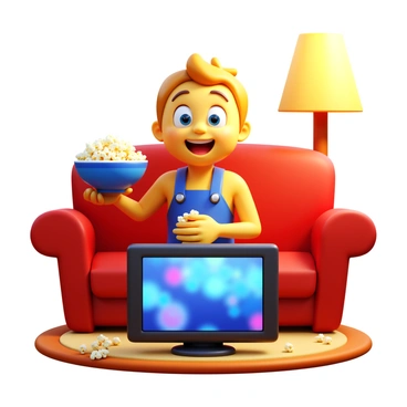 An animated character with bright, expressive features is sitting on a plush couch. The character has large, round eyes and a wide smile, wearing a casual outfit. In one hand, the character holds a large bowl of popcorn, with some kernels spilling onto the couch. The television in front of the character displays colorful images, creating a lively atmosphere. The room is cozy, with a soft rug under the couch and a warm lamp gently illuminating the scene.