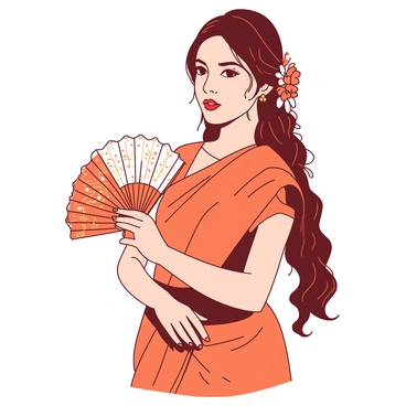 An orange Indian bride wearing a beautifully embroidered traditional sari stands gracefully in an elegant pose. She is holding an intricately designed hand fan made of delicate lace, adorned with small gemstones. Her long hair is styled in an elaborate braid, embellished with fresh flowers and golden hairpins. The bride's makeup is meticulously applied, highlighting her features with bright colors. The background is softly blurred to emphasize her elegant presence as she gazes softly ahead.