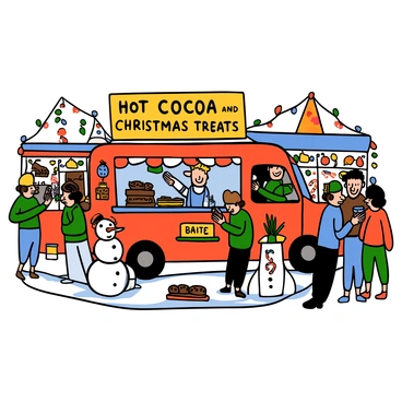 A festive food truck decorated with colorful lights and holiday ornaments, parked at a bustling holiday market. The truck has a large sign that reads "Hot Cocoa and Christmas Treats" in playful lettering. The atmosphere is lively, with people milling around, some carrying shopping bags and others holding warm drinks. A snowman made of snow stands nearby, adding to the wintery scene. A barista inside the truck is pouring hot cocoa into cups, while trays of cookies, candy canes, and gingerbread treats are displayed on the counter. The market is filled with twinkling lights and decorated stalls, creating a cheerful holiday ambiance.