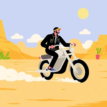 A lone biker racing through a hot, arid desert landscape
