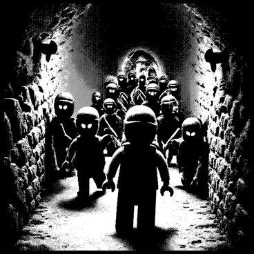 A group of Ninjago characters is navigating through a dark underground tunnel. The tunnel walls are rough and rocky, with various shadows cast by the flickering flames of torches mounted along the walls. The characters are wearing their signature ninja outfits, each distinct with detailed elements and weapons at their sides. The atmosphere is tense as they cautiously move forward, their expressions focused and determined. Some characters are examining the surroundings while others are leading the way, all in a dynamic composition that emphasizes their teamwork in the dimly lit environment.