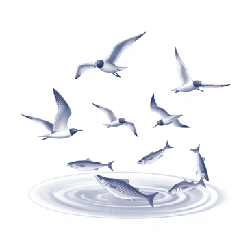 Several seabirds are depicted diving into the water. They are in various stages of their descent, wings extended and feet poised for a strike. Below them, a school of striped bass is visible, darting through the water in a tight formation. The fish exhibit distinct horizontal stripes, showcasing their streamlined bodies. The surface of the water reflects the birds and the movement of the fish creates ripples, enhancing the sense of action and urgency in the scene.