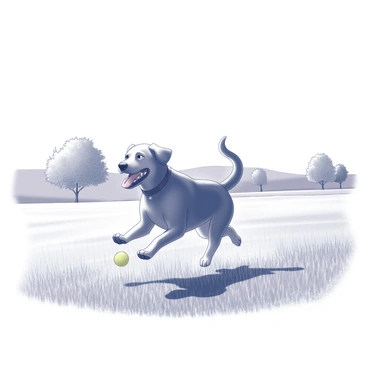 A playful Labrador retriever running energetically across a field. The dog has its mouth open, capturing a brightly colored ball. The scene is set in an expansive field with tall grass swaying gently in the breeze. In the background, there are a few trees dotting the landscape, providing a sense of depth to the scene. The sun shines brightly from above, casting distinct shadows of the dog and grass onto the ground.