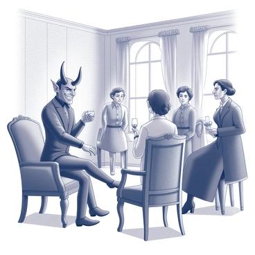 A devil character with pointed horns and a mischievous grin is standing in a Victorian salon. The room is filled with ornate furniture, including an intricately carved wooden chair and elegant drapery framing tall windows. The devil is animatedly gesturing with one hand while holding a small glass in the other, as a group of well-dressed individuals, men in tailcoats and women in long dresses, are gathered around, captivated by the conversation. The lighting is soft, highlighting the details of the ornate wallpaper and the rich textures of the clothing.